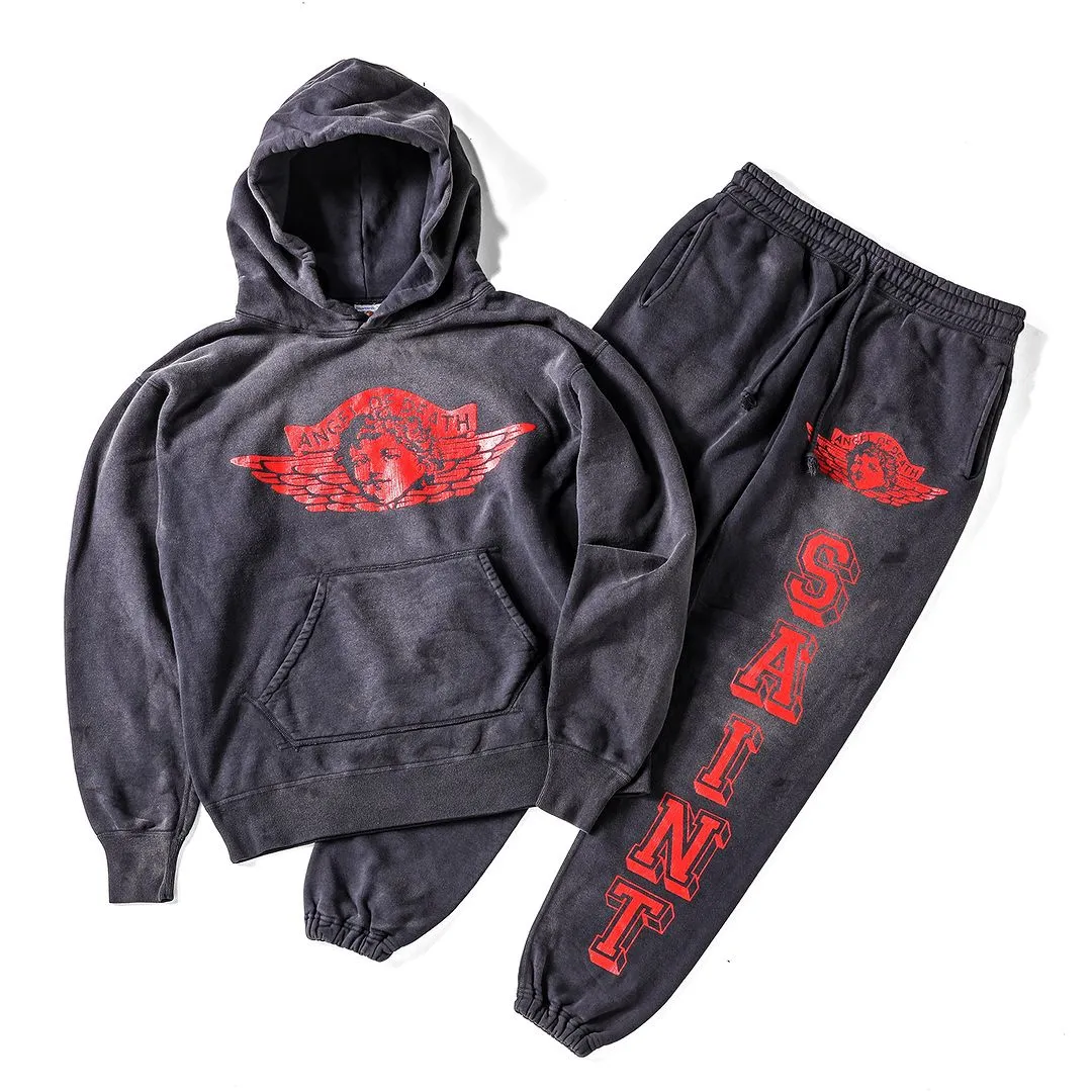 SAINT Mxxxxxx ANGEL SWEAT PANTS/BLK Angel Reborn Crack Print Distressed Sweatpants, Washed Black S-XL Assute Dyeing, Full Spray Fade, Heavy Fermentation Washing, Made with NEW VINTAGE Texture, Four Needles and Six Threads from the Factory, Boneless Patchwork, More Comfortable to Wear, Genuine Level Crack Print/Accessories Restored